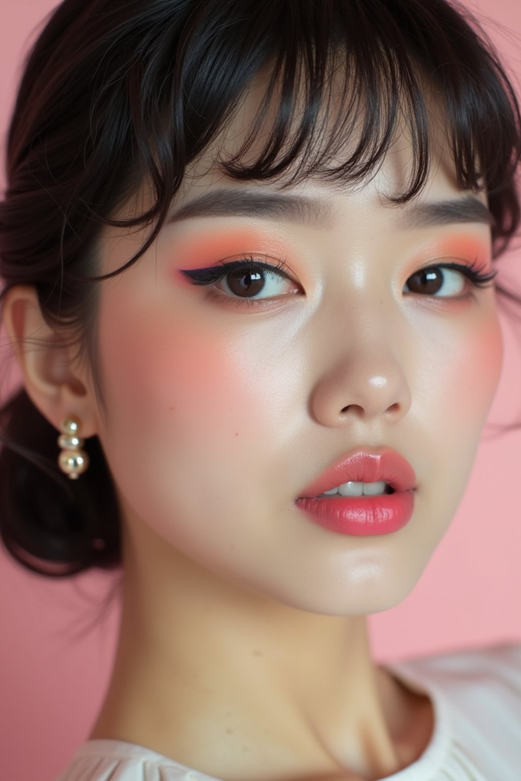 close-up of Model with a retro 60s makeup vibe, featuring thick eyeliner and pastel eyeshadow, paired with a vintage hairstyle. set against a soft, pastel background