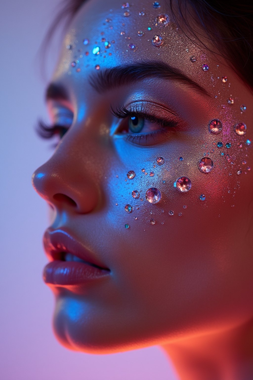 close-up of Artistic makeup with face jewels and iridescent highlighter, captured under a UV light for a glowing effect. set against a soft, pastel background