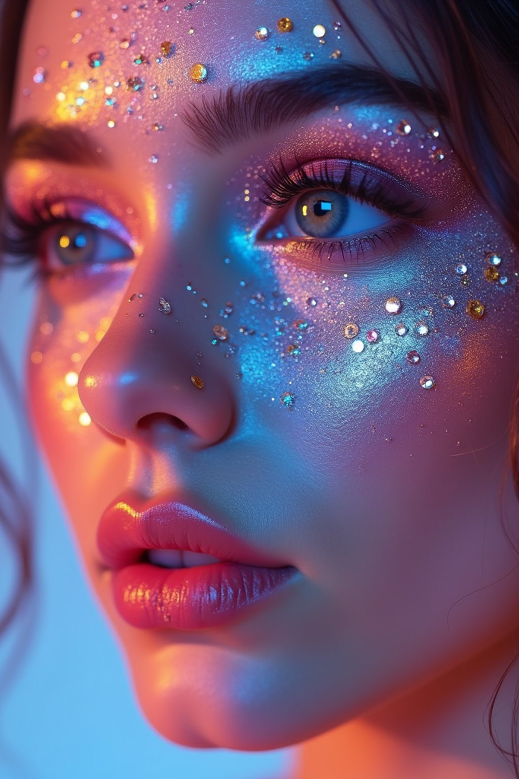 close-up of Artistic makeup with face jewels and iridescent highlighter, captured under a UV light for a glowing effect. set against a soft, pastel background