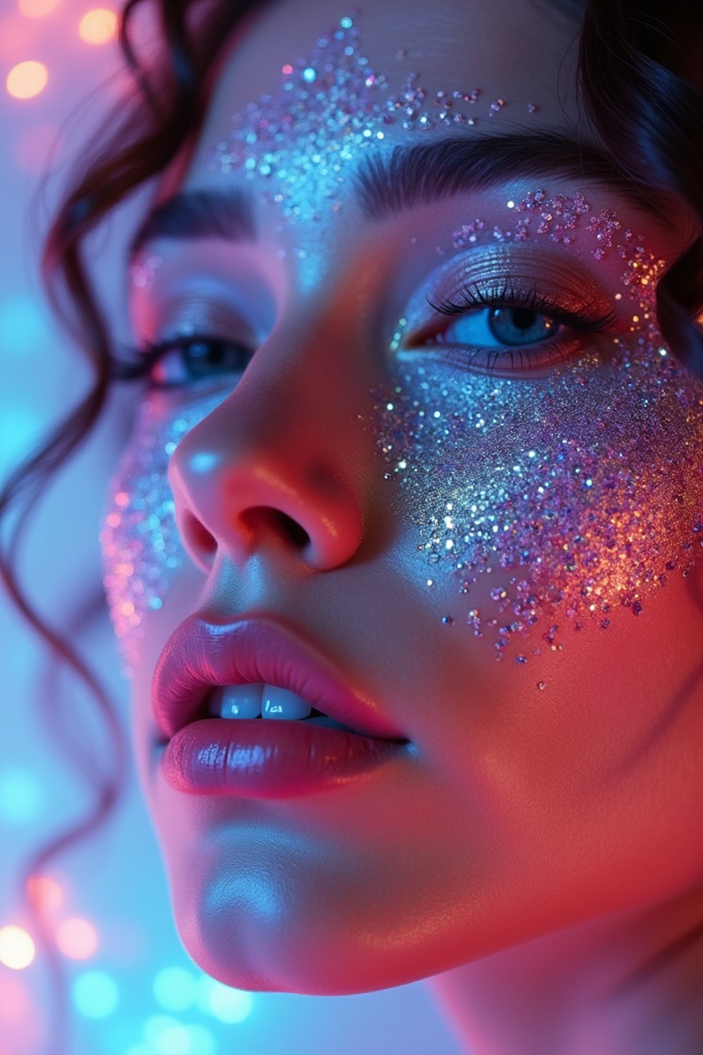 close-up of Artistic makeup with face jewels and iridescent highlighter, captured under a UV light for a glowing effect. set against a soft, pastel background