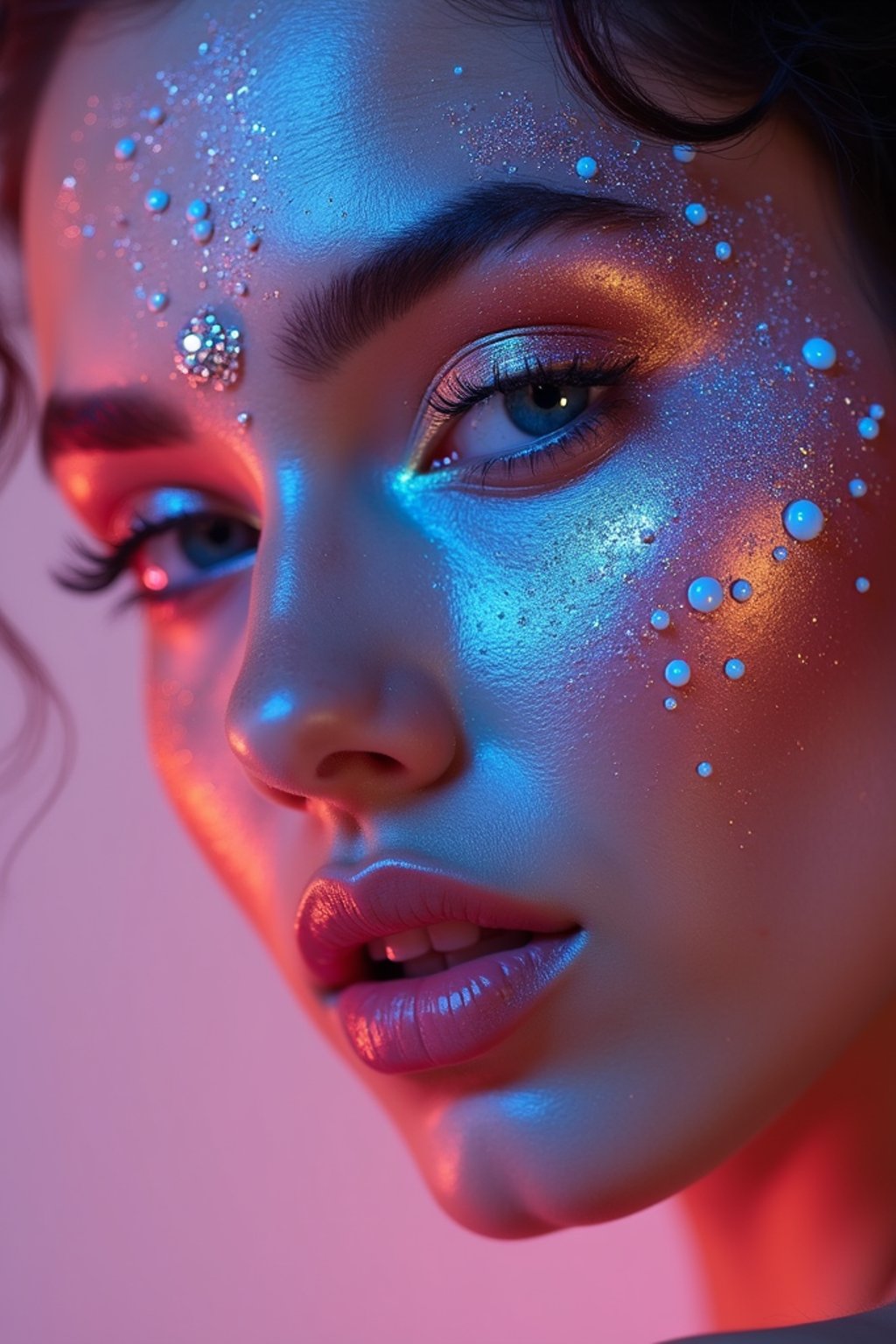 close-up of Artistic makeup with face jewels and iridescent highlighter, captured under a UV light for a glowing effect. set against a soft, pastel background