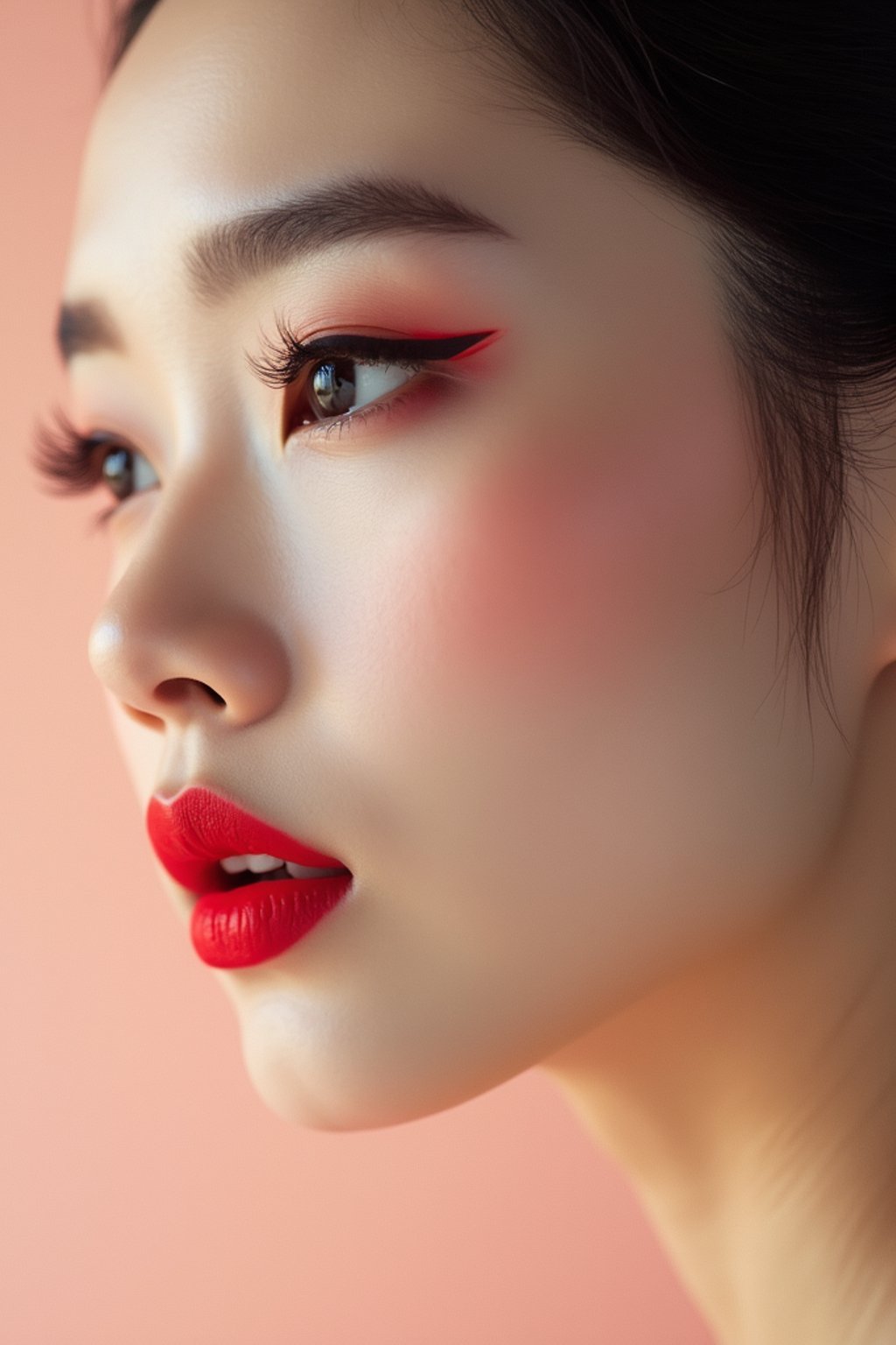 close-up of Elegant profile shot of a woman with classic Hollywood makeup, featuring bold eyebrows and red lips. set against a soft, pastel background