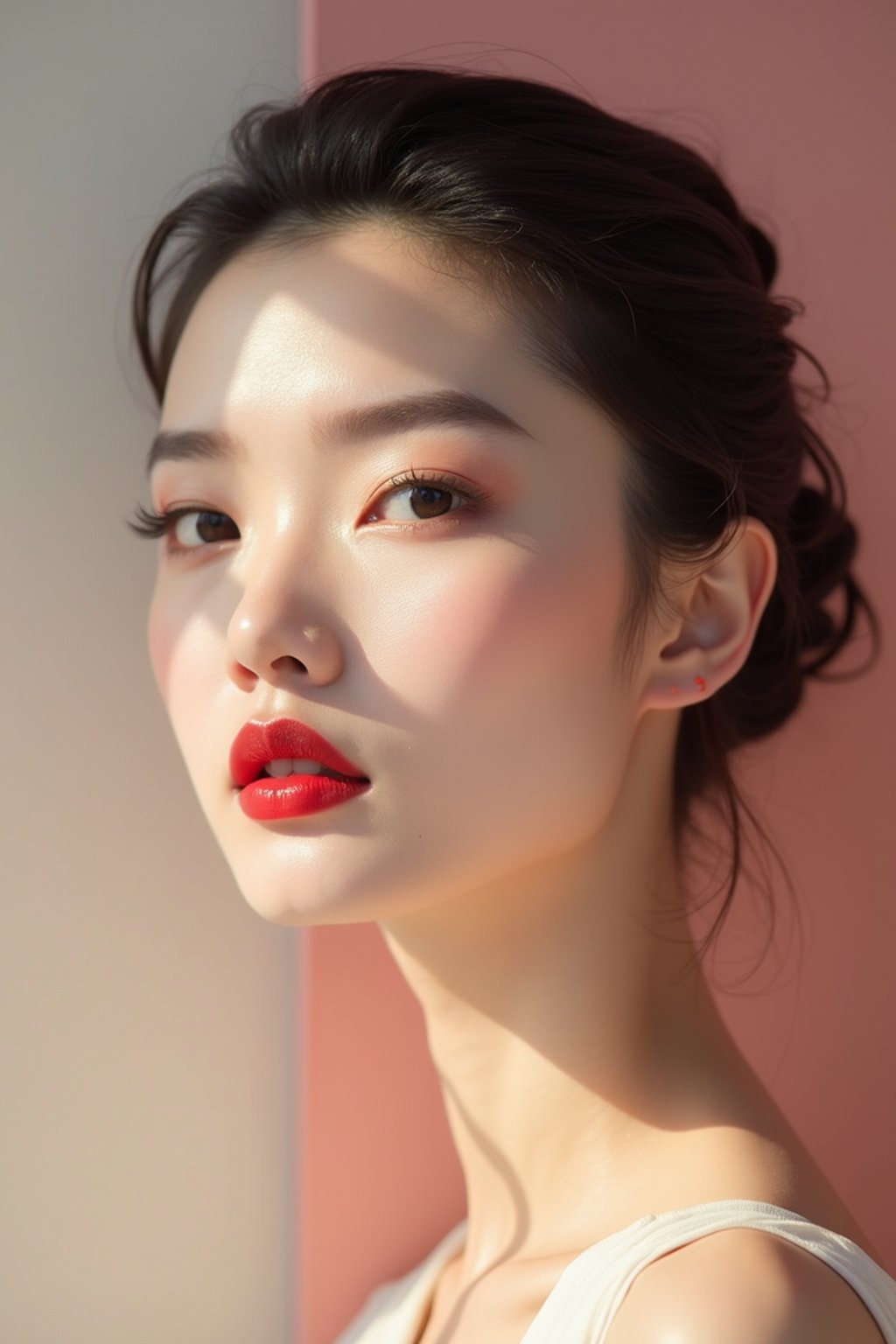 close-up of Elegant profile shot of a woman with classic Hollywood makeup, featuring bold eyebrows and red lips. set against a soft, pastel background