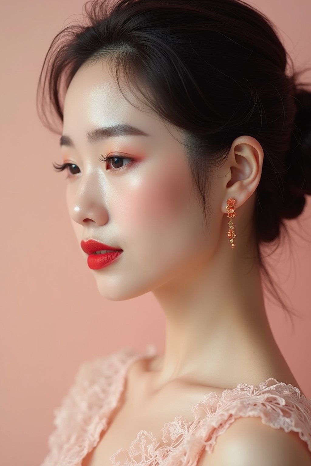 close-up of Elegant profile shot of a woman with classic Hollywood makeup, featuring bold eyebrows and red lips. set against a soft, pastel background