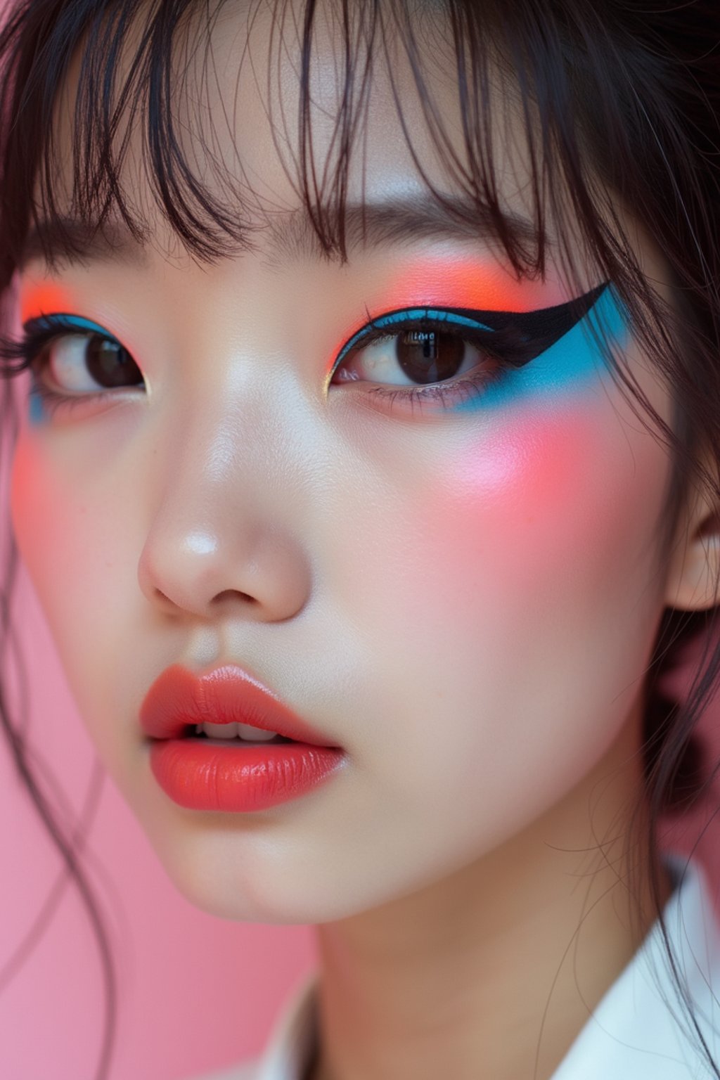 close-up of Model with an avant-garde makeup look, including graphic eyeliner shapes and vibrant cheek colors. set against a soft, pastel background