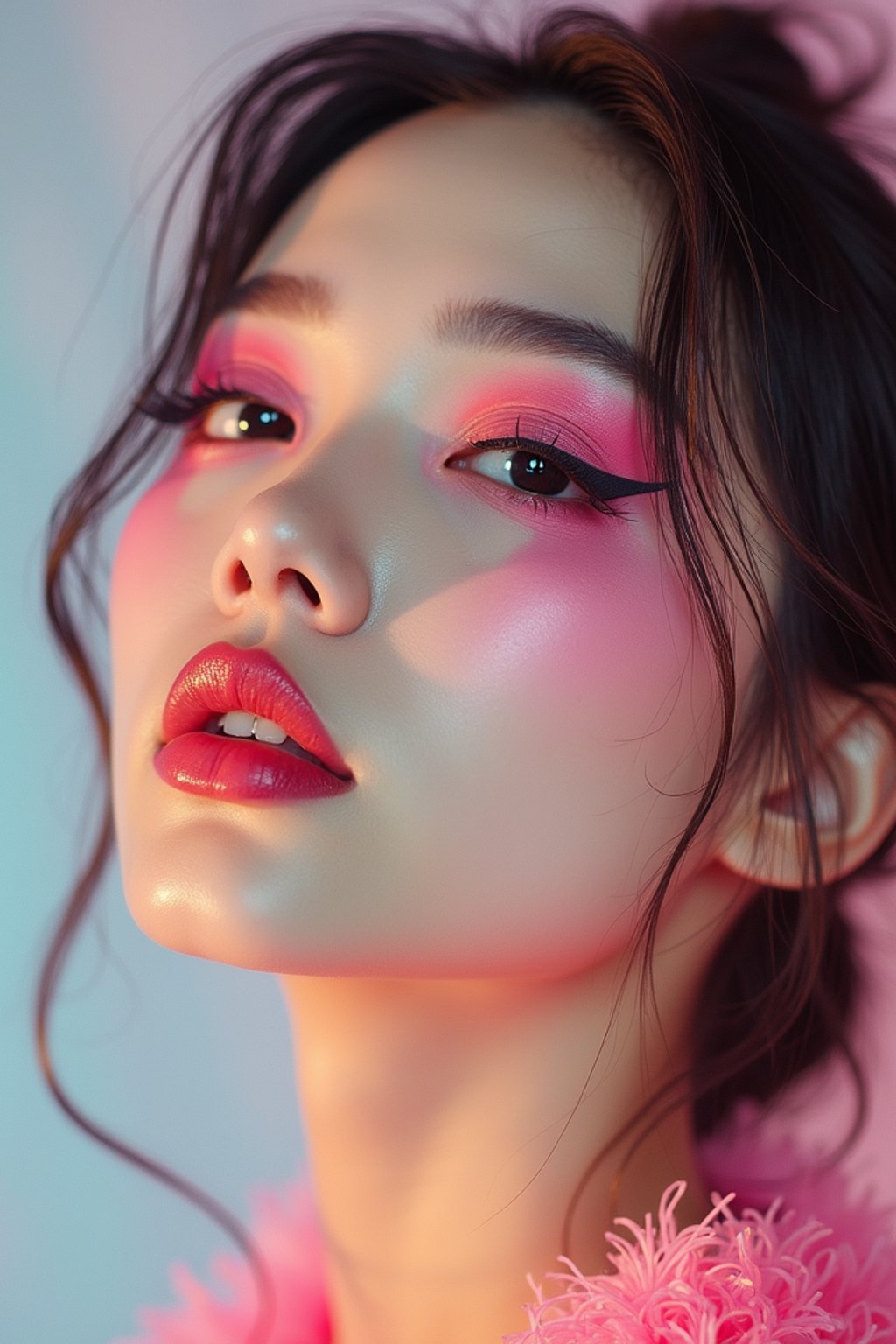 close-up of Model with an avant-garde makeup look, including graphic eyeliner shapes and vibrant cheek colors. set against a soft, pastel background