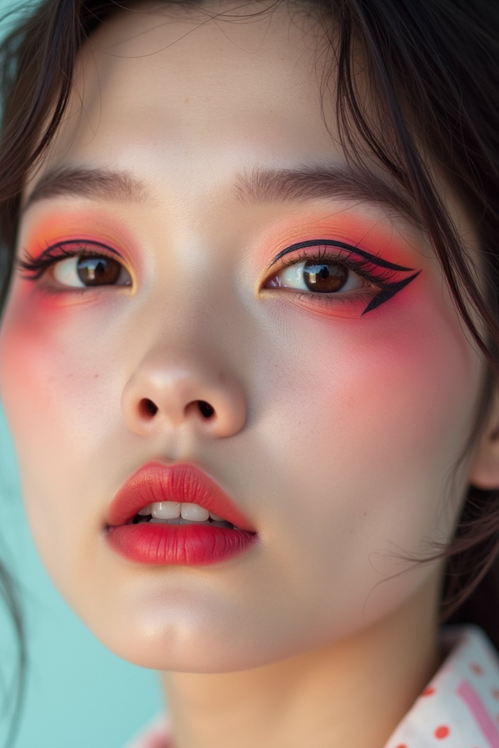 close-up of Model with an avant-garde makeup look, including graphic eyeliner shapes and vibrant cheek colors. set against a soft, pastel background