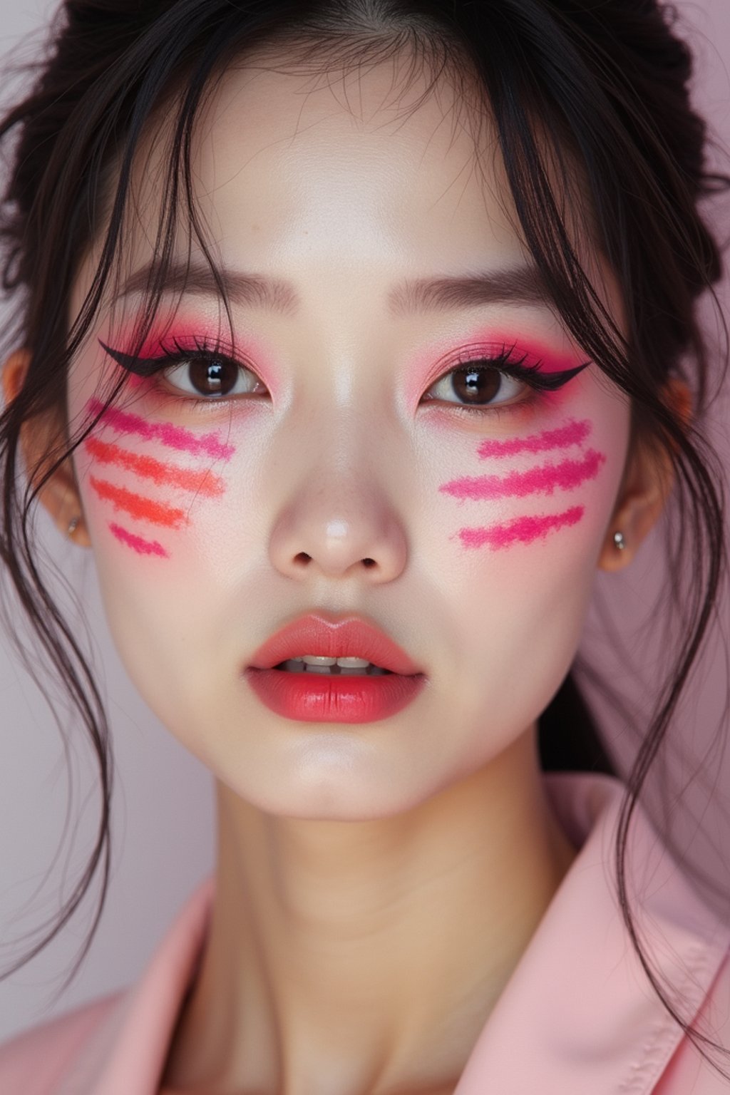 close-up of Model with an avant-garde makeup look, including graphic eyeliner shapes and vibrant cheek colors. set against a soft, pastel background