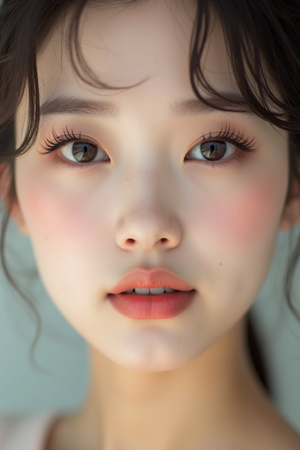 close-up of Beauty shot of woman featuring dewy skin, natural makeup look with nude lips and fluttery lashes. set against a soft, pastel background