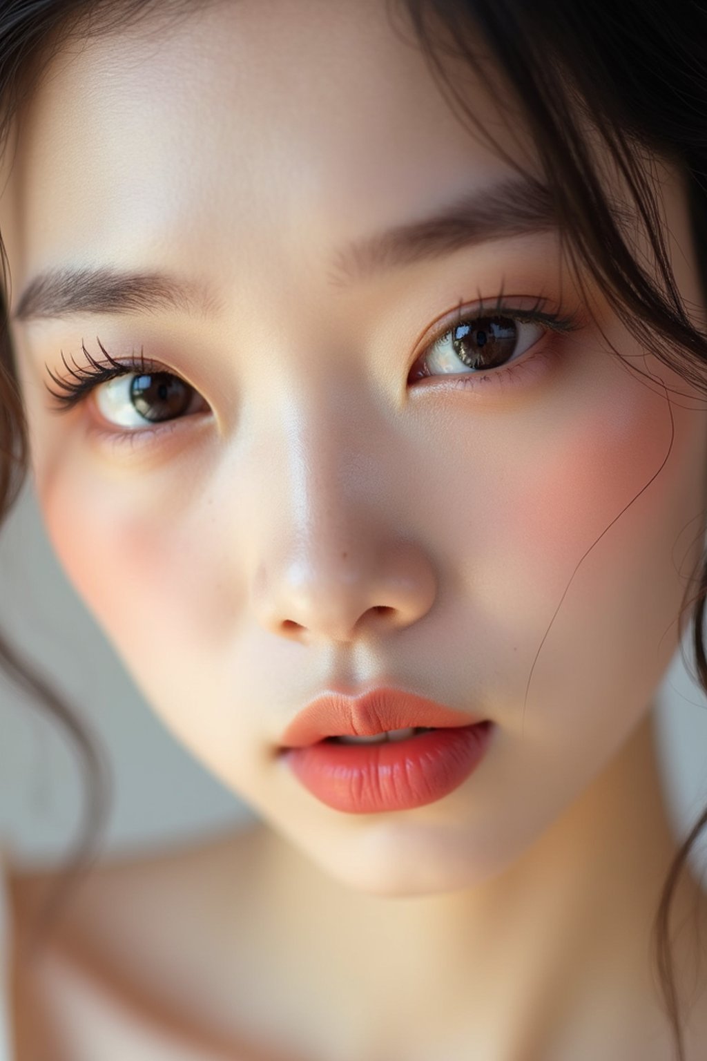 close-up of Beauty shot of woman featuring dewy skin, natural makeup look with nude lips and fluttery lashes. set against a soft, pastel background