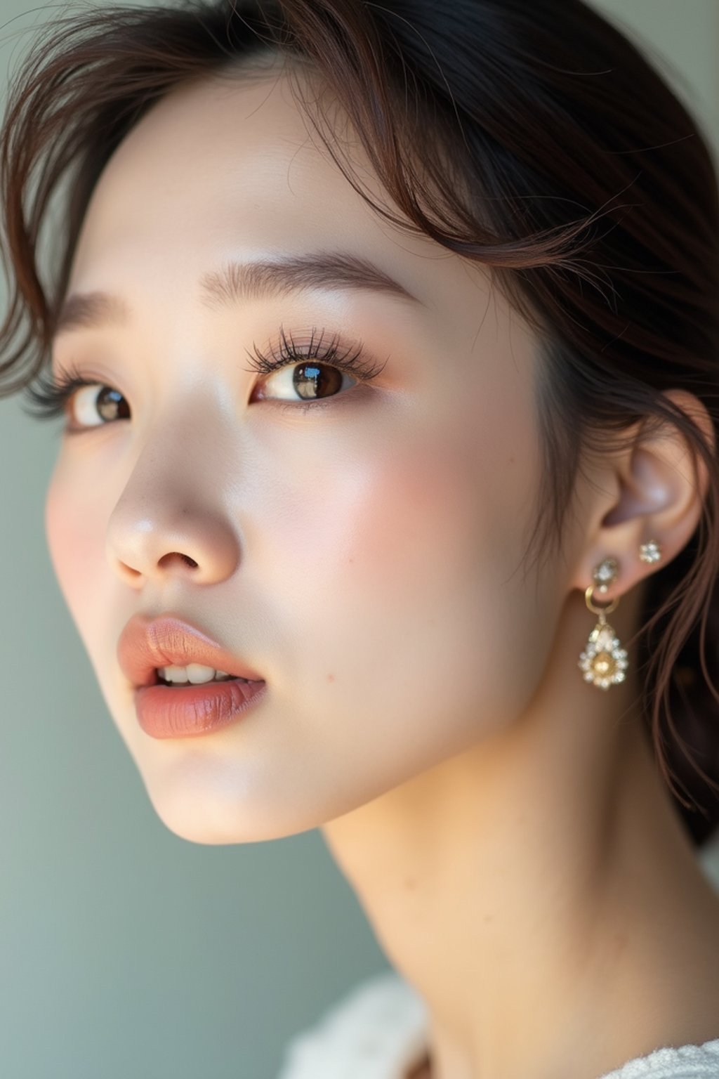 close-up of Beauty shot of woman featuring dewy skin, natural makeup look with nude lips and fluttery lashes. set against a soft, pastel background