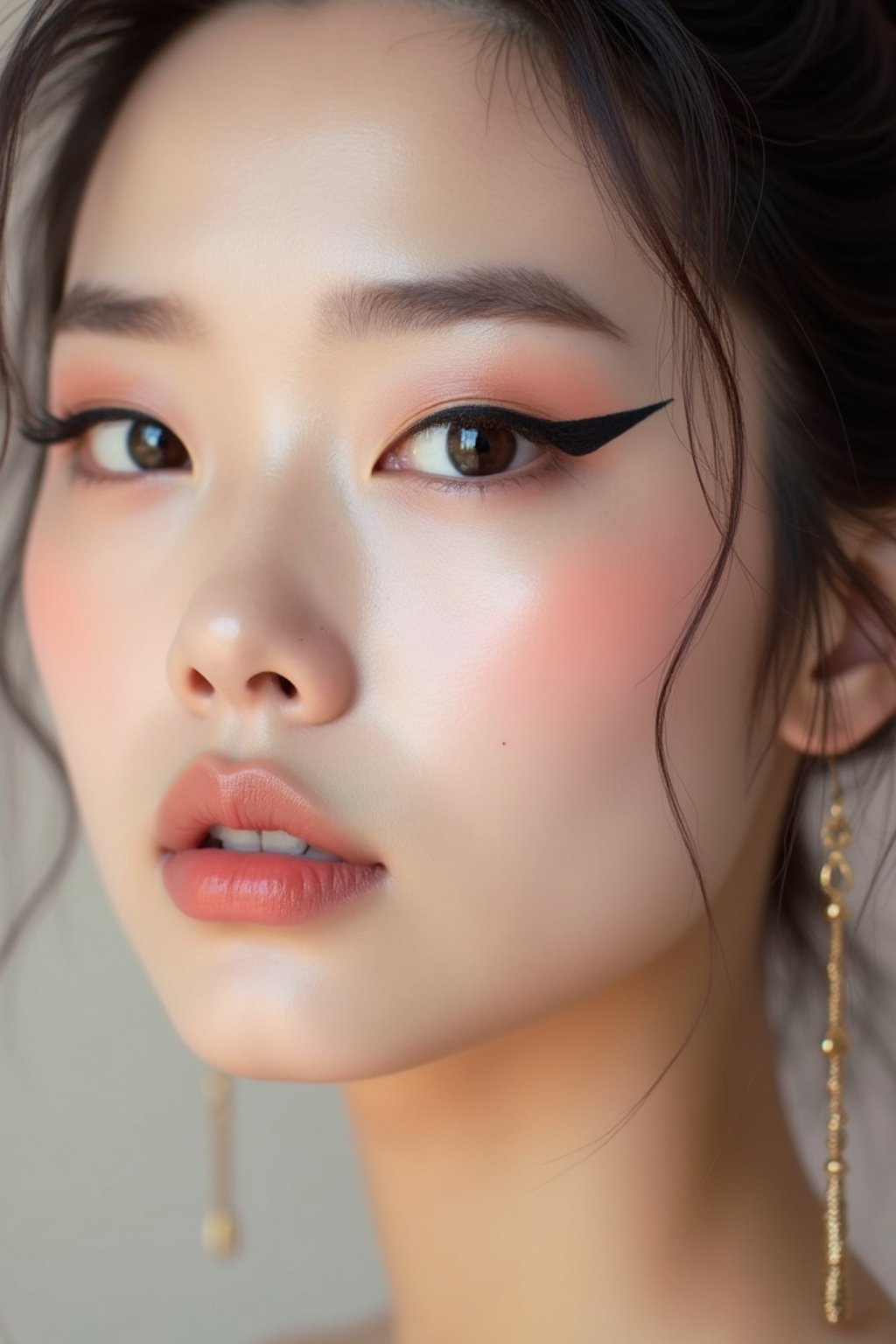 close-up of Model sporting winged eyeliner and matte skin finish. set against a soft, pastel background