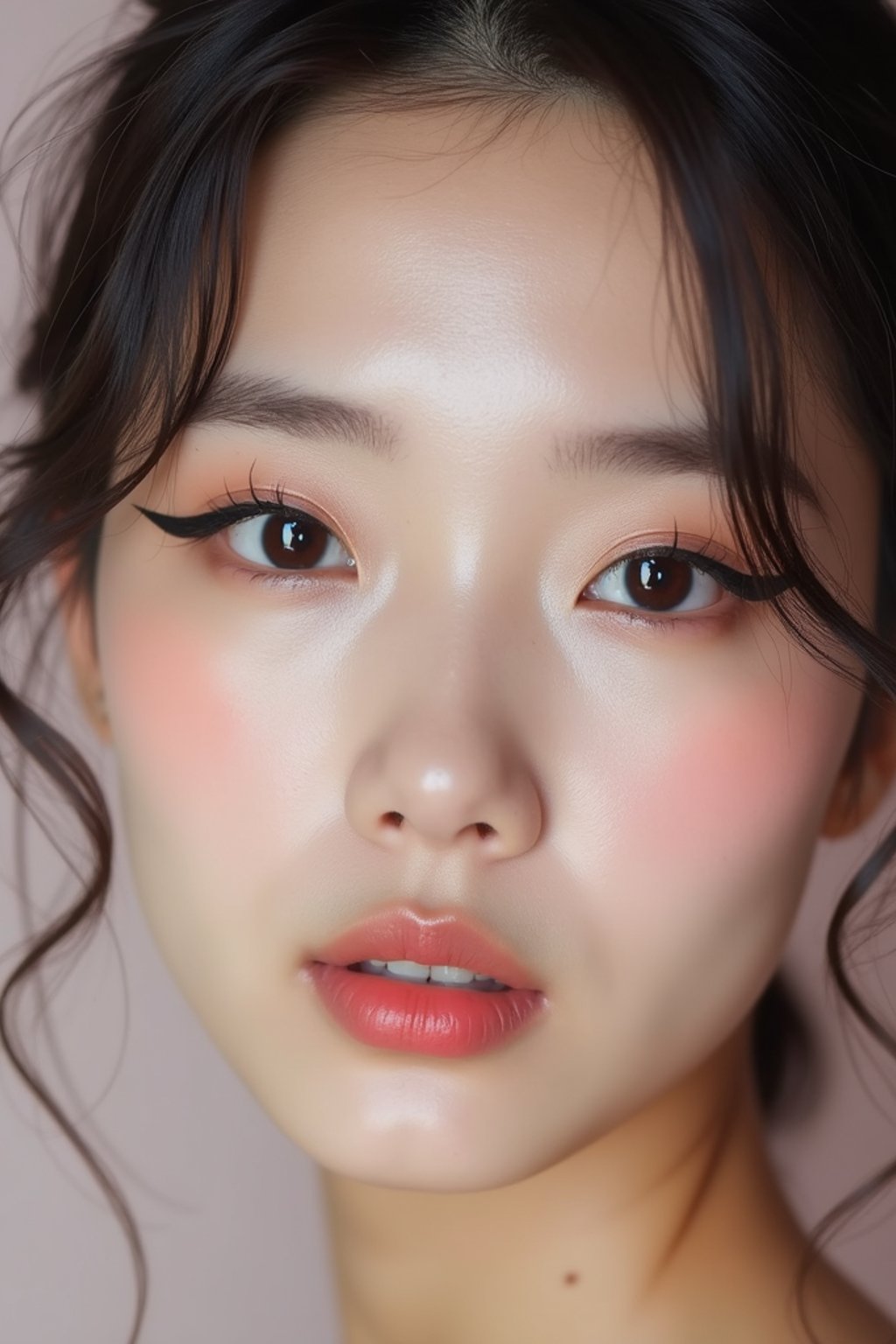 close-up of Model sporting winged eyeliner and matte skin finish. set against a soft, pastel background