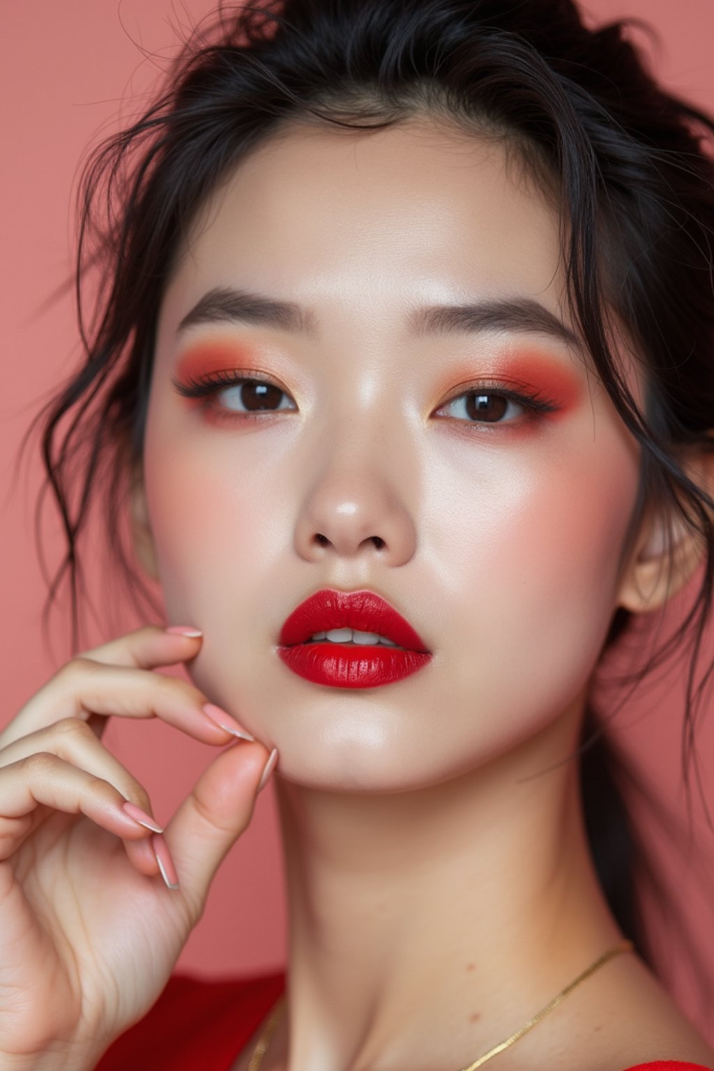 close-up of Model with a bold red lipstick and smokey eye makeup, set against a soft, pastel background