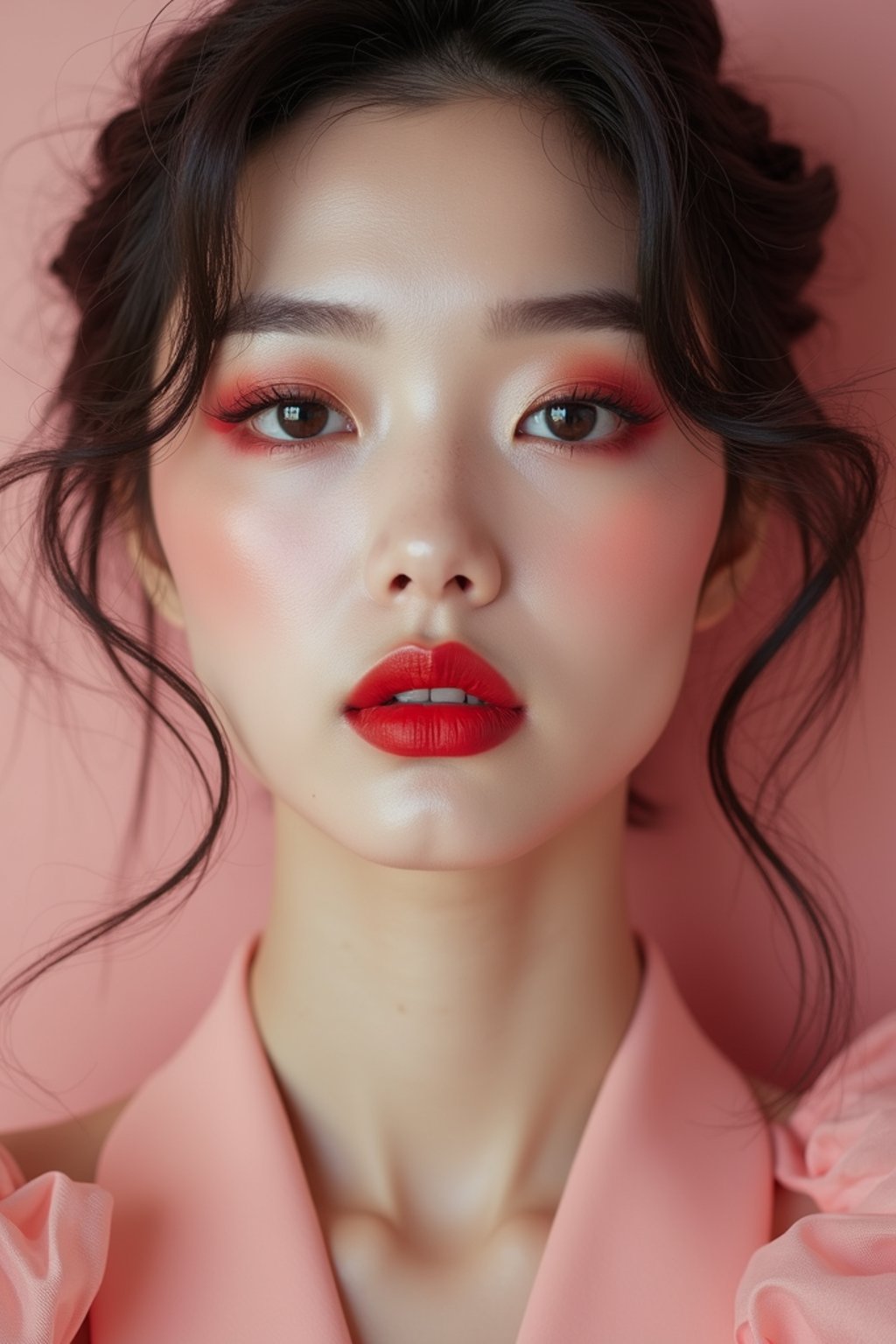 close-up of Model with a bold red lipstick and smokey eye makeup, set against a soft, pastel background