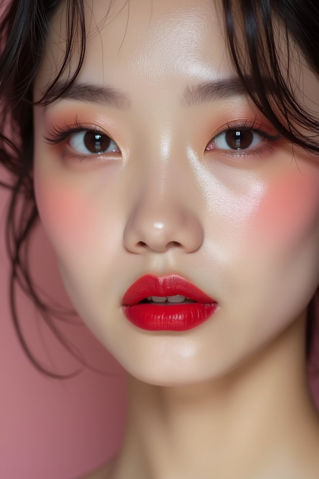 close-up of Model with a bold red lipstick and smokey eye makeup, set against a soft, pastel background