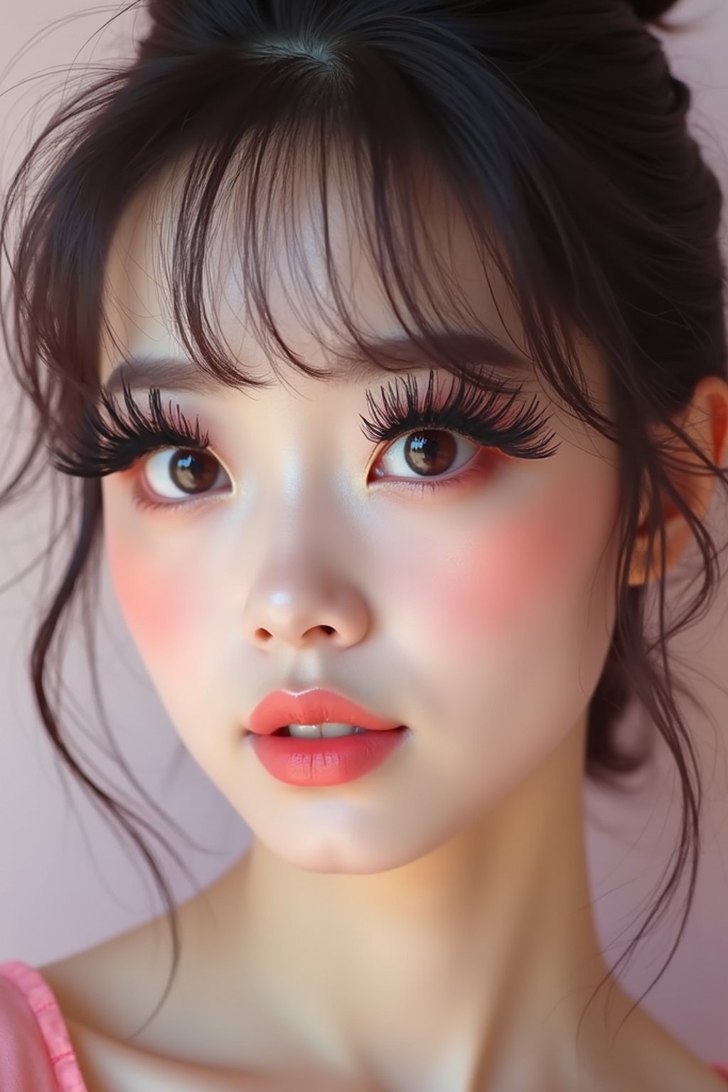 close-up of woman showcasing an Korean-style manga makeup look on woman, featuring oversized, dramatically long eyelashes that create a wide-eyed, whimsical appearance. The look is completed with bold, graphic eyeliner and a subtle blush to enhance the youthful and playful vibe. set against a soft, pastel background