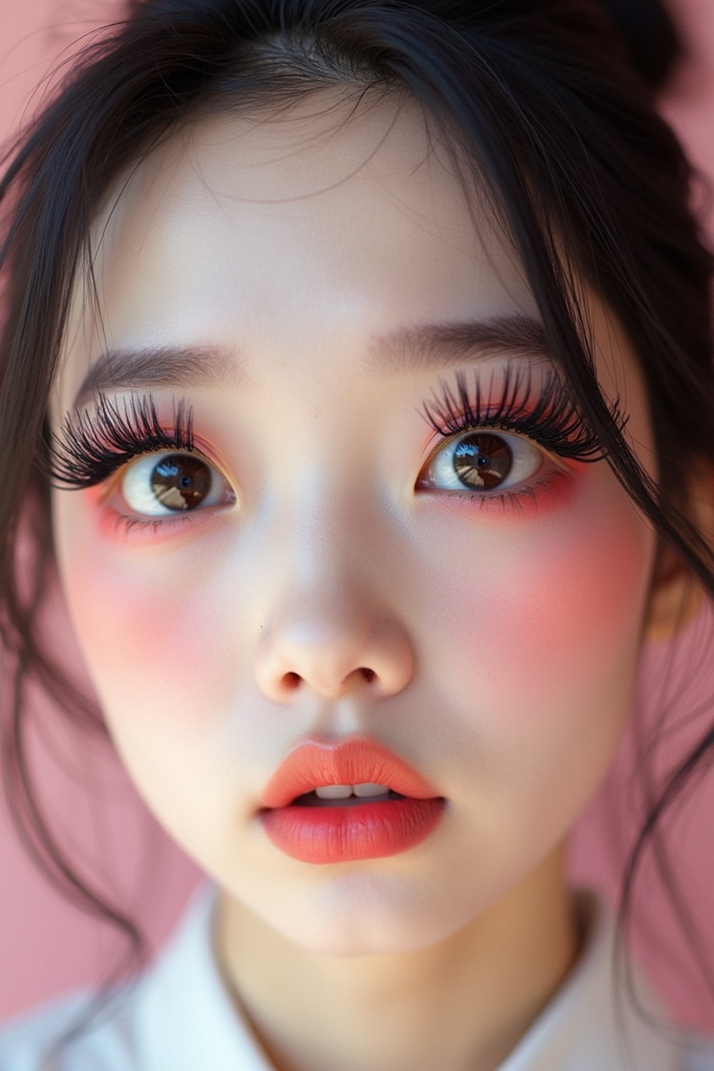 close-up of woman showcasing an Korean-style manga makeup look on woman, featuring oversized, dramatically long eyelashes that create a wide-eyed, whimsical appearance. The look is completed with bold, graphic eyeliner and a subtle blush to enhance the youthful and playful vibe. set against a soft, pastel background