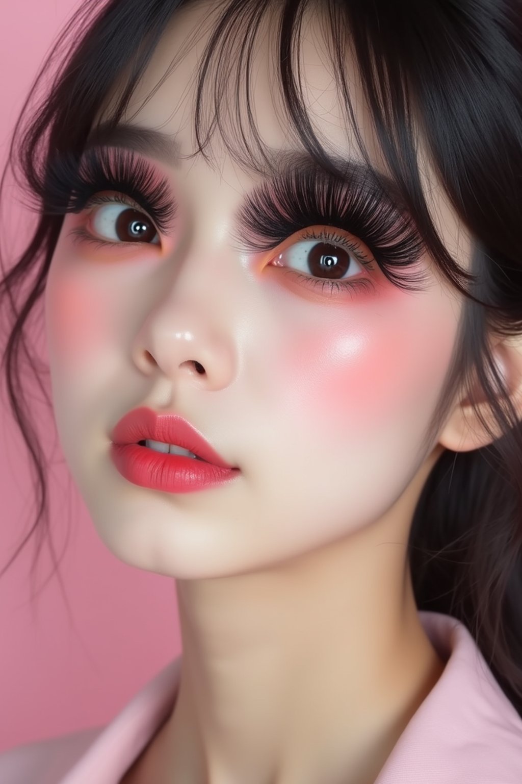 close-up of woman showcasing an Korean-style manga makeup look on woman, featuring oversized, dramatically long eyelashes that create a wide-eyed, whimsical appearance. The look is completed with bold, graphic eyeliner and a subtle blush to enhance the youthful and playful vibe. set against a soft, pastel background