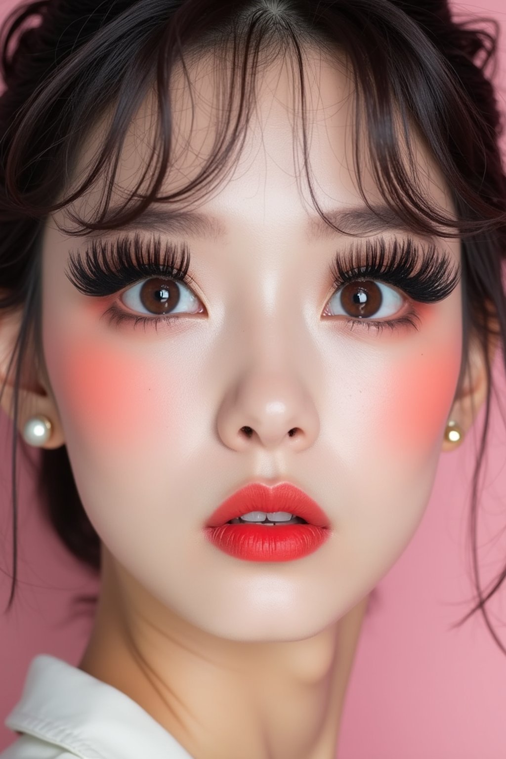 close-up of woman showcasing an Korean-style manga makeup look on woman, featuring oversized, dramatically long eyelashes that create a wide-eyed, whimsical appearance. The look is completed with bold, graphic eyeliner and a subtle blush to enhance the youthful and playful vibe. set against a soft, pastel background