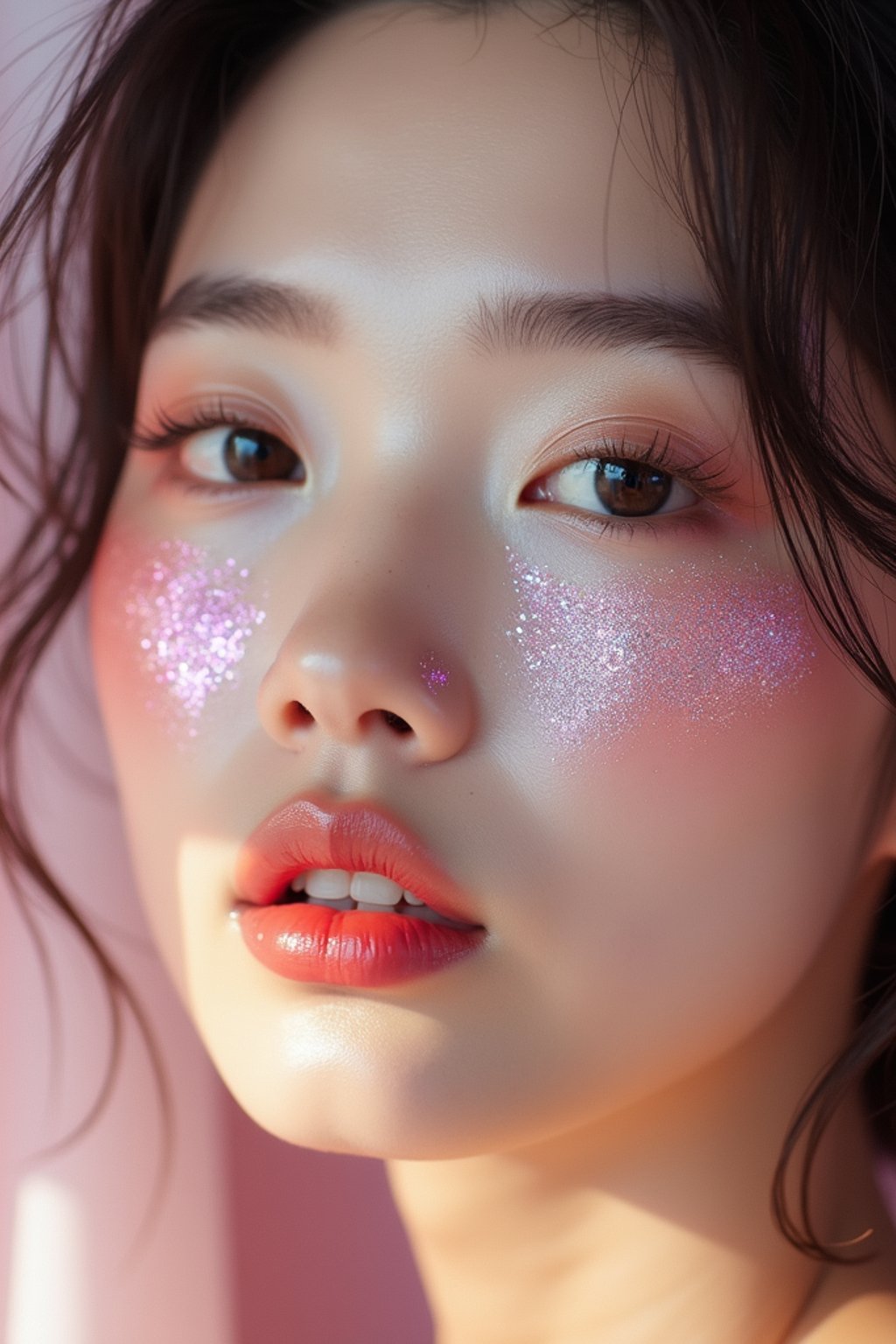 close-up of woman with glittery eye shadow and high-shine gloss, set against a soft, pastel background