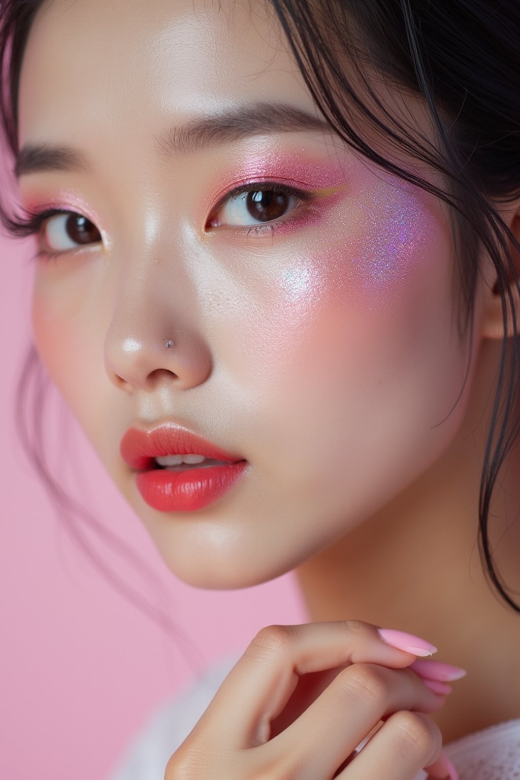 close-up of woman with glittery eye shadow and high-shine gloss, set against a soft, pastel background