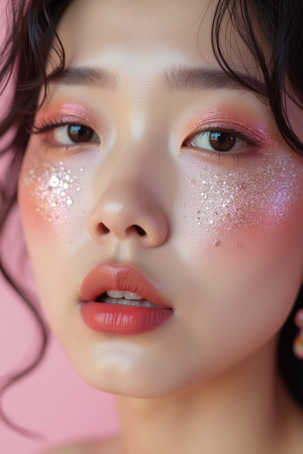 close-up of woman with glittery eye shadow and high-shine gloss, set against a soft, pastel background