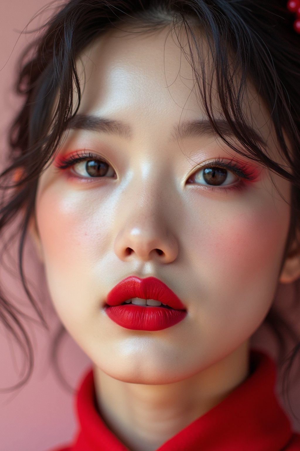 close up of woman with a bold red lipstick and smokey eye makeup. set against a soft, pastel background