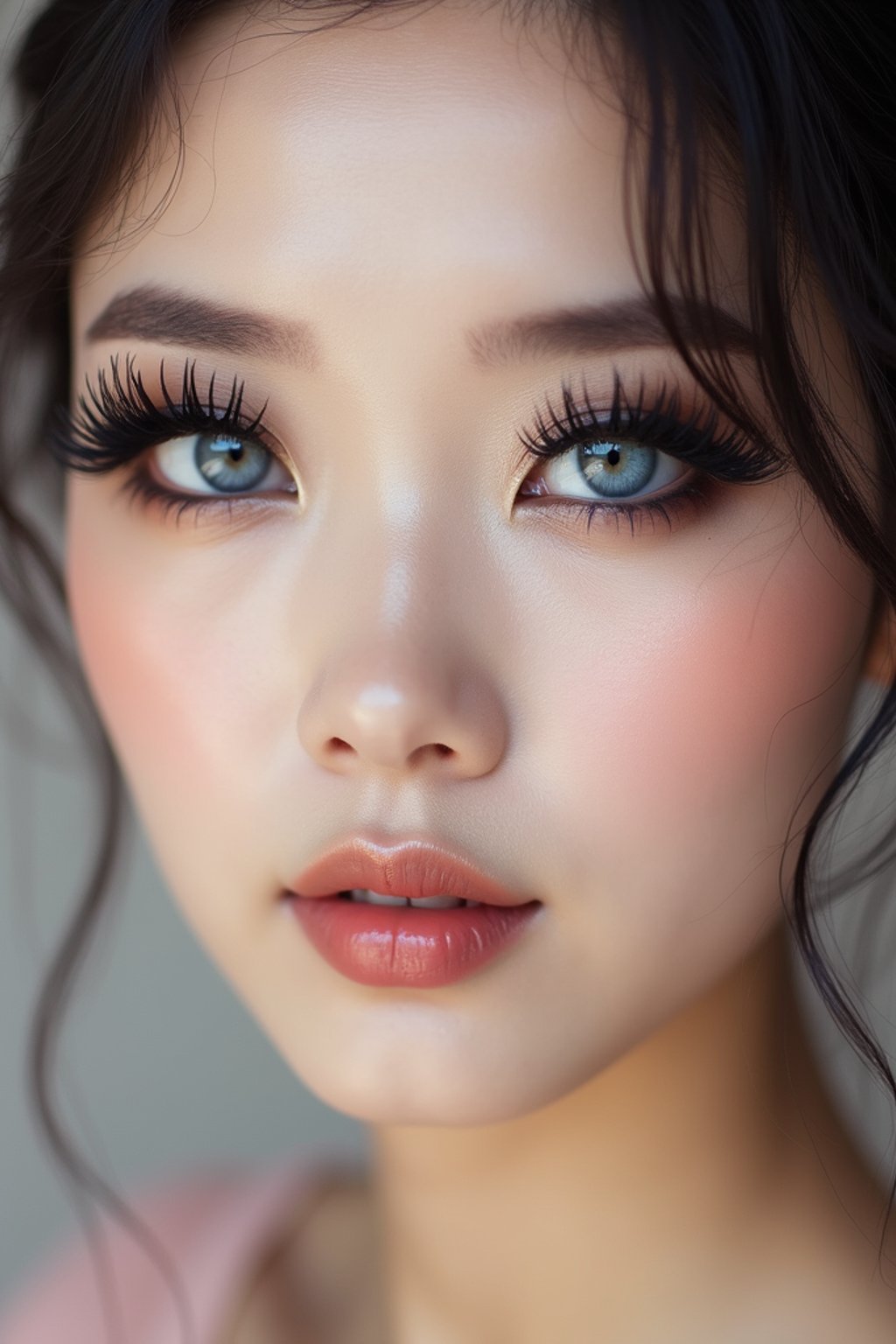 close up of woman with heavy smokey eye makeup, fake big eyelashes with lash lift.  dark black eyeshadow and thick eyeliner. contoured eyebrows. glossy reflective lipgloss. blue eye lenses. set against a soft, pastel background.