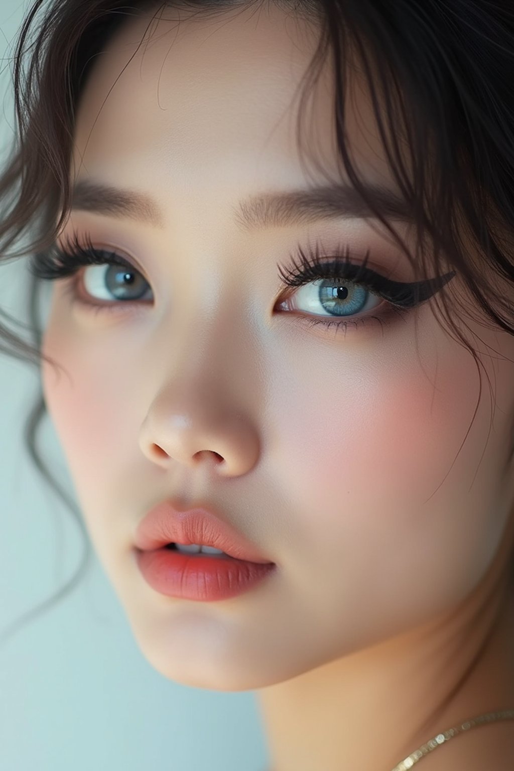 close up of woman with heavy smokey eye makeup, fake big eyelashes with lash lift.  dark black eyeshadow and thick eyeliner. contoured eyebrows. glossy reflective lipgloss. blue eye lenses. set against a soft, pastel background.