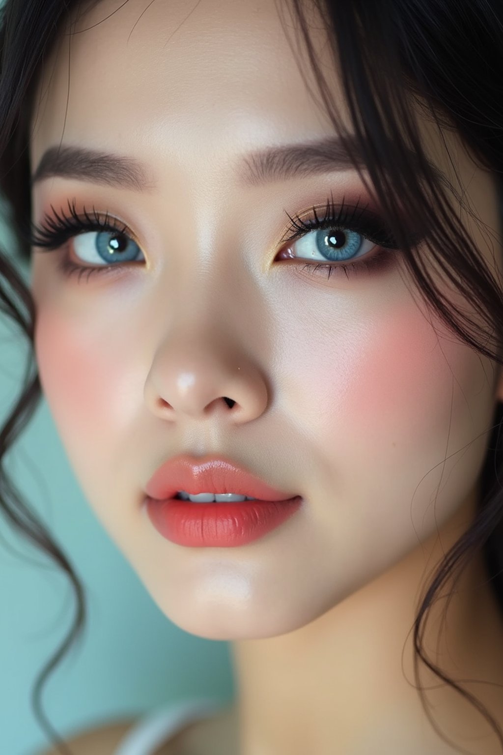 close up of woman with heavy smokey eye makeup, fake big eyelashes with lash lift.  dark black eyeshadow and thick eyeliner. contoured eyebrows. glossy reflective lipgloss. blue eye lenses. set against a soft, pastel background.