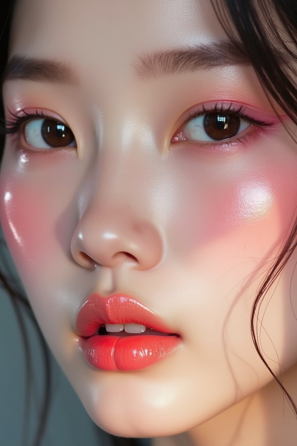 close up of woman with glossy reflective skin with blush and 3d lipgloss. soft pink eyeshadow. eyeliner.