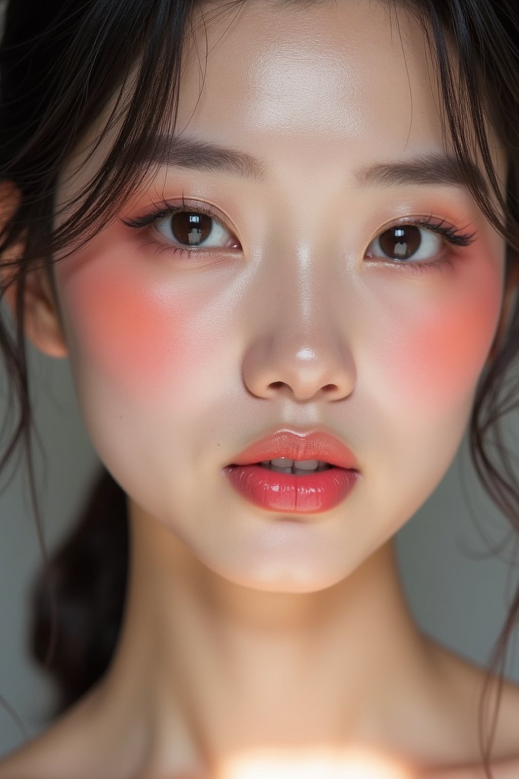 close up of woman with glossy reflective skin with blush and 3d lipgloss. soft pink eyeshadow. eyeliner.