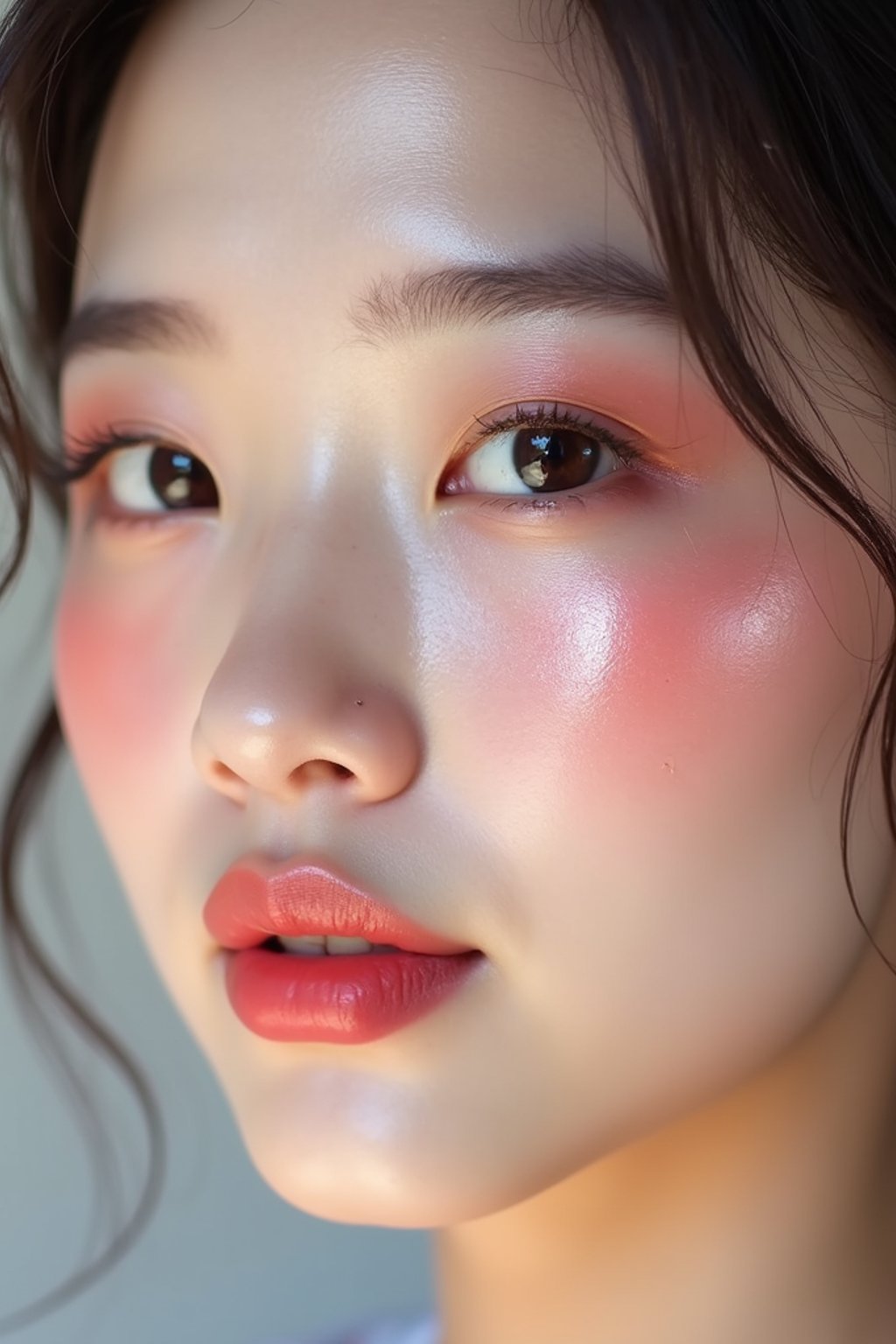 close up of woman with glossy reflective skin with blush and 3d lipgloss. soft pink eyeshadow. eyeliner.