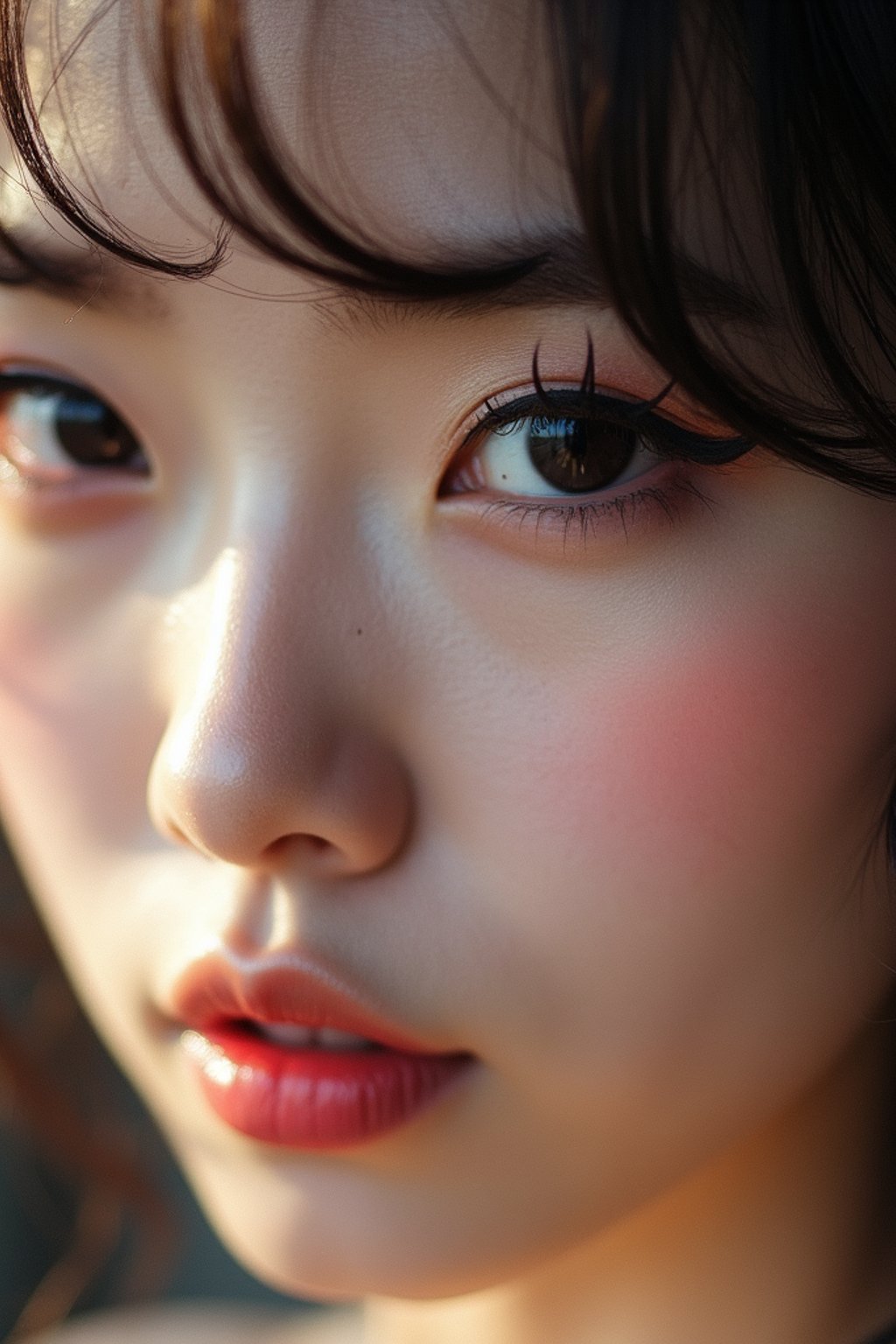 close up of woman with thick eyeliner makeup