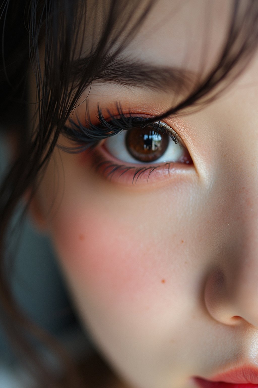 close up of woman with thick eyeliner makeup. eyeliner above eye. star eye lashes