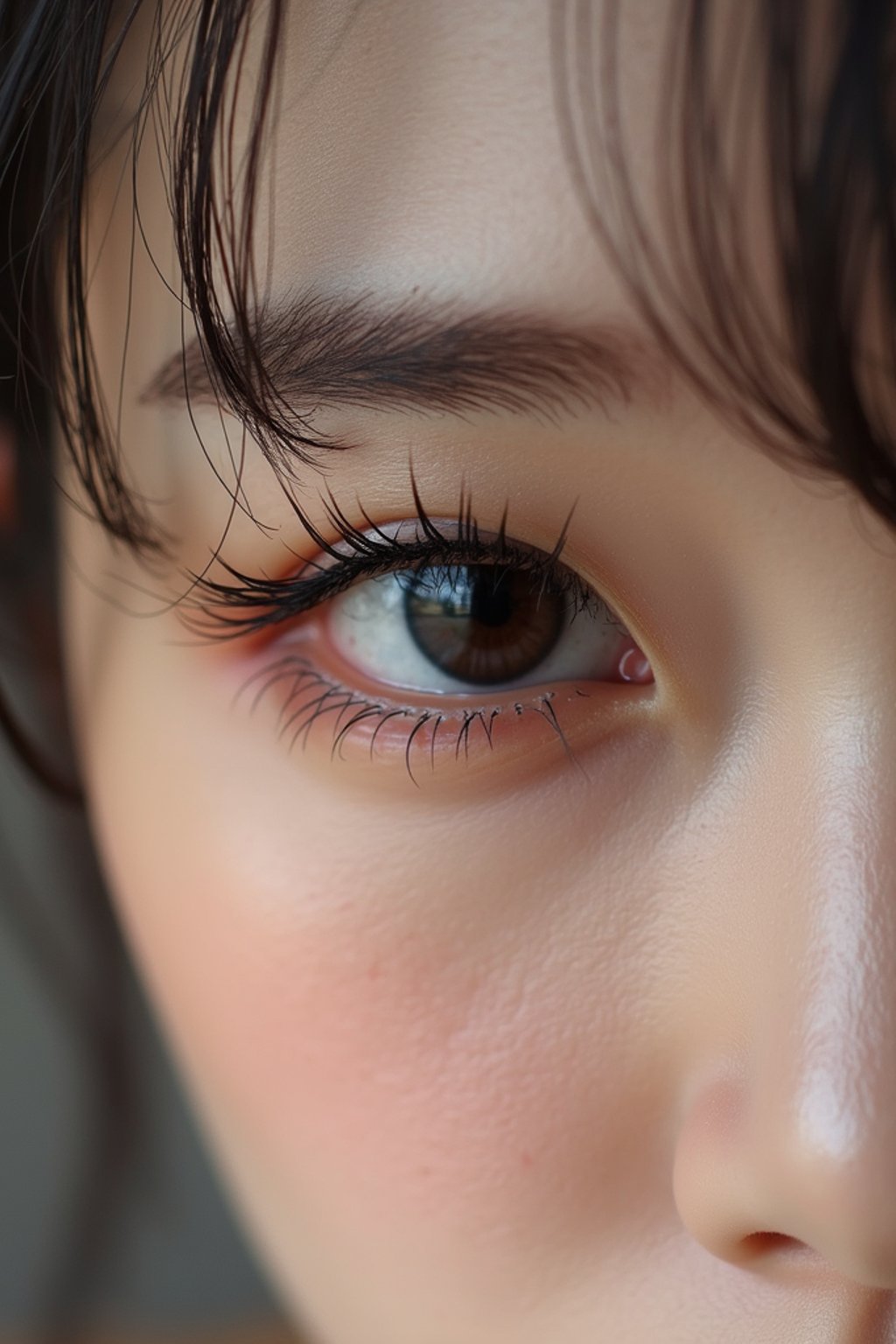 close up of woman with thick eyeliner makeup. eyeliner above eye. star eye lashes