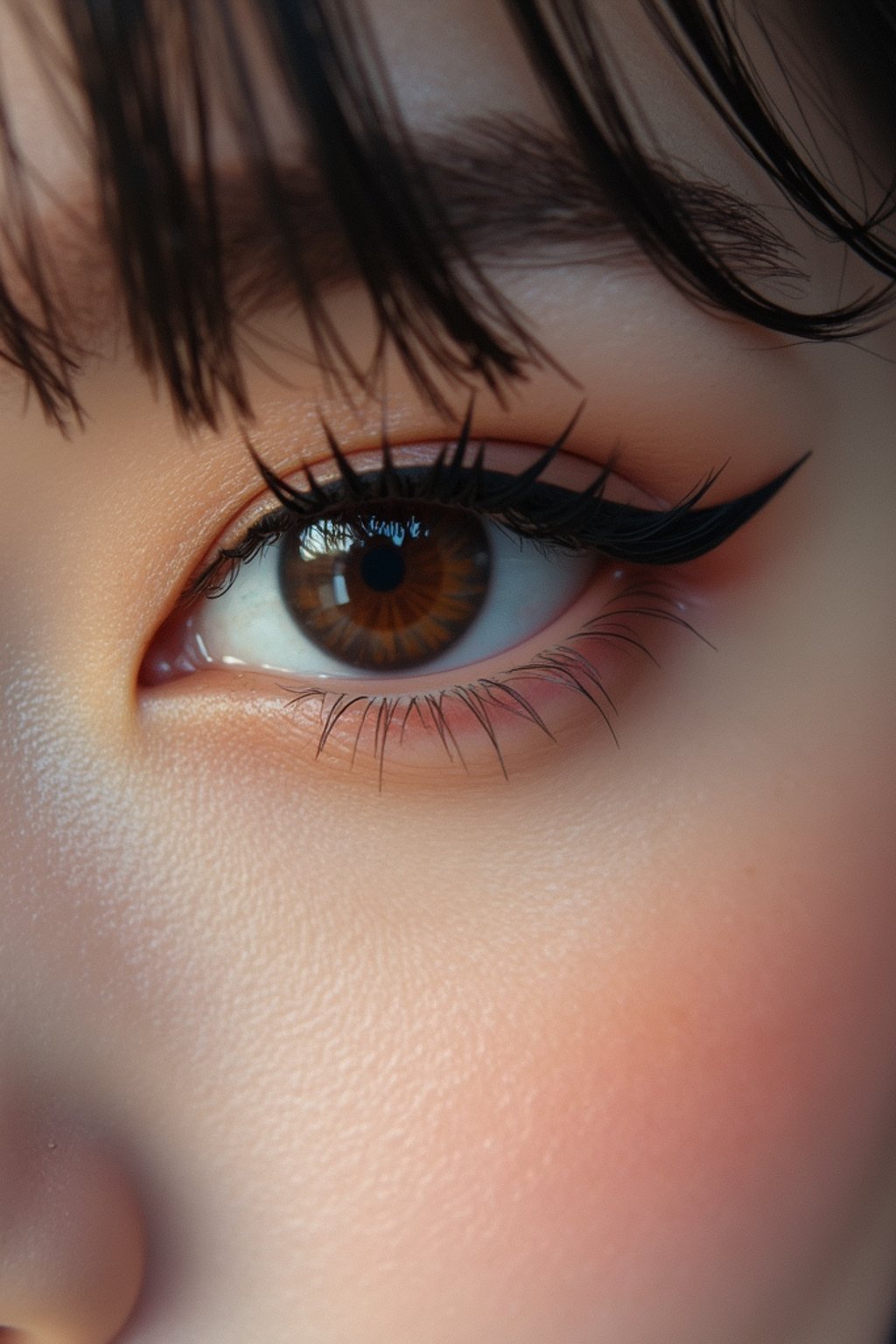 close up of woman with thick eyeliner makeup. eyeliner above eye. star eye lashes