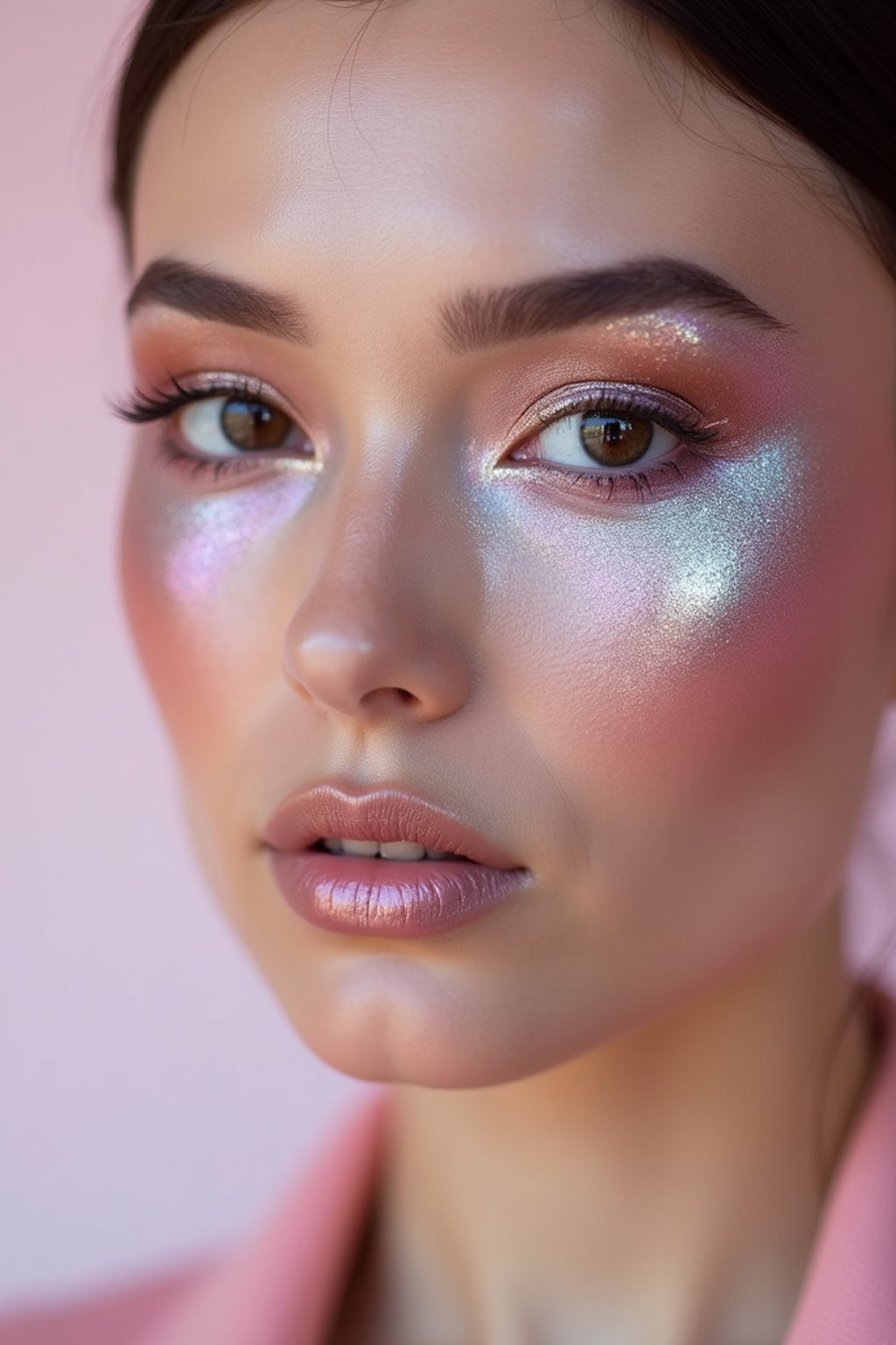 close-up of Futuristic makeup with metallic eyeshadow and sharp contouring. set against a soft, pastel background