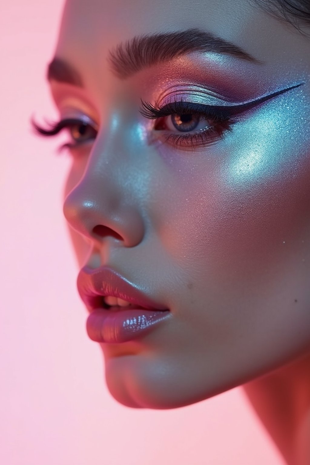 close-up of Futuristic makeup with metallic eyeshadow and sharp contouring. set against a soft, pastel background