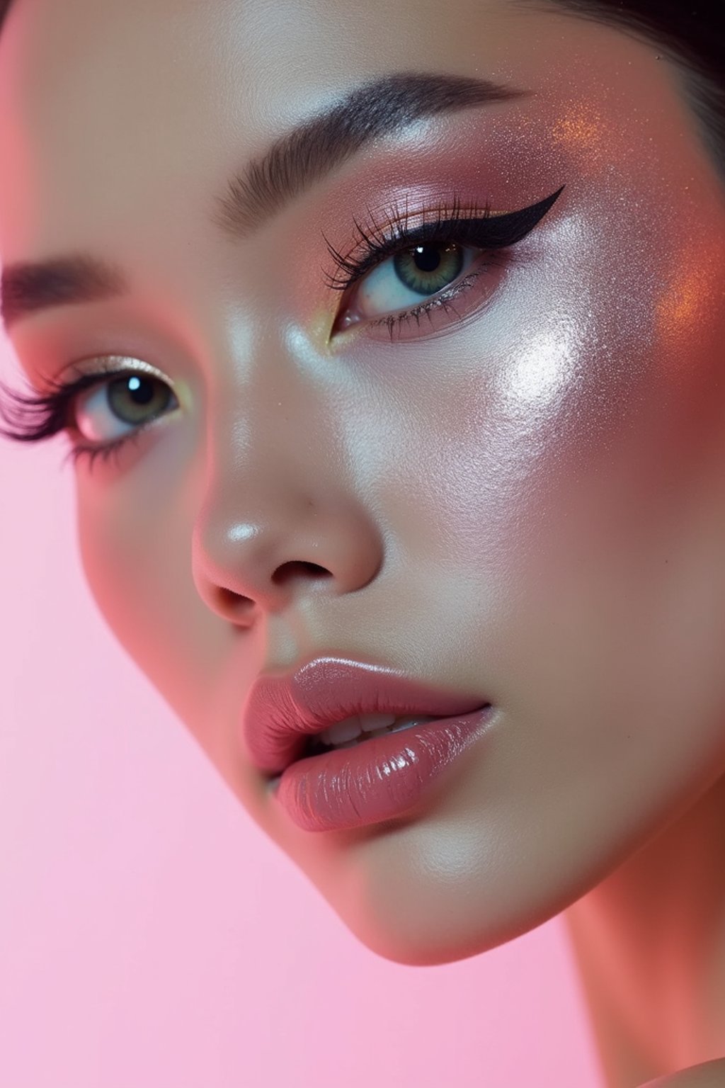 close-up of Futuristic makeup with metallic eyeshadow and sharp contouring. set against a soft, pastel background