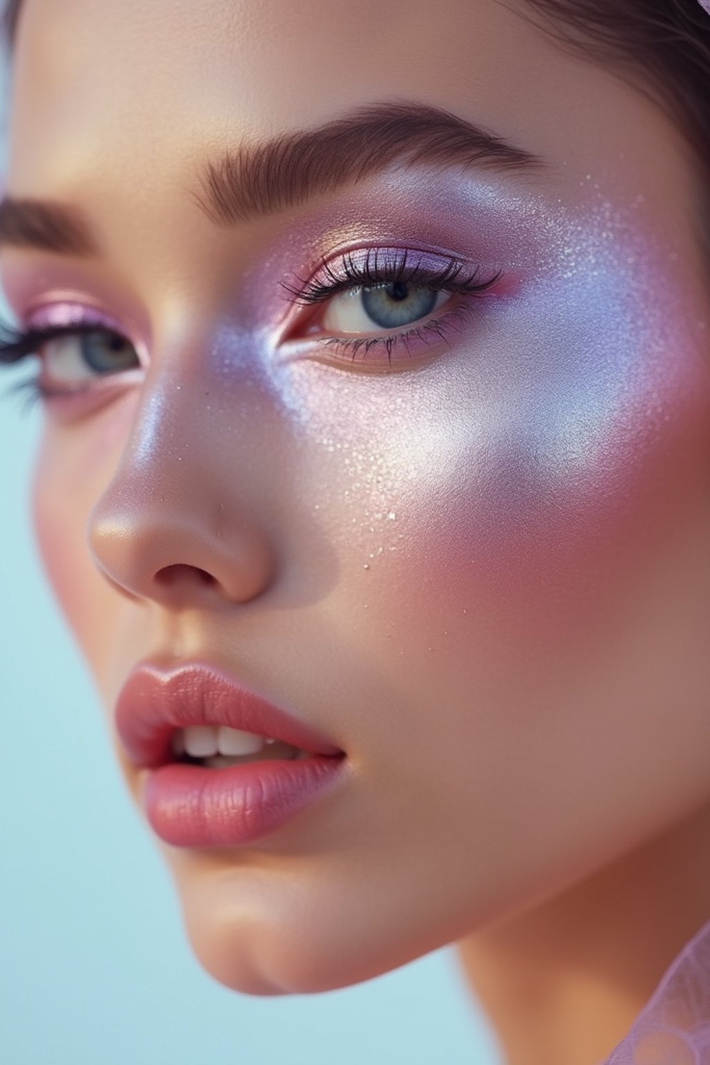 close-up of Futuristic makeup with metallic eyeshadow and sharp contouring. set against a soft, pastel background