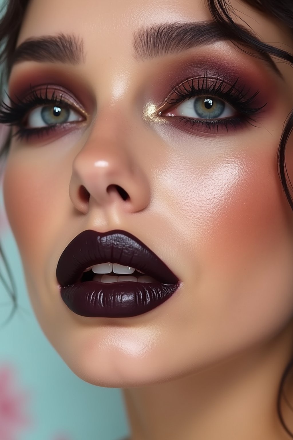 close-up of Edgy makeup look with dark, glossy lips and contoured cheeks. set against a soft, pastel background