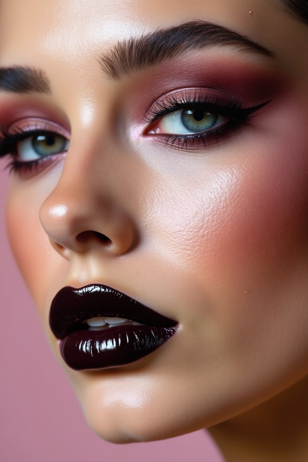 close-up of Edgy makeup look with dark, glossy lips and contoured cheeks. set against a soft, pastel background