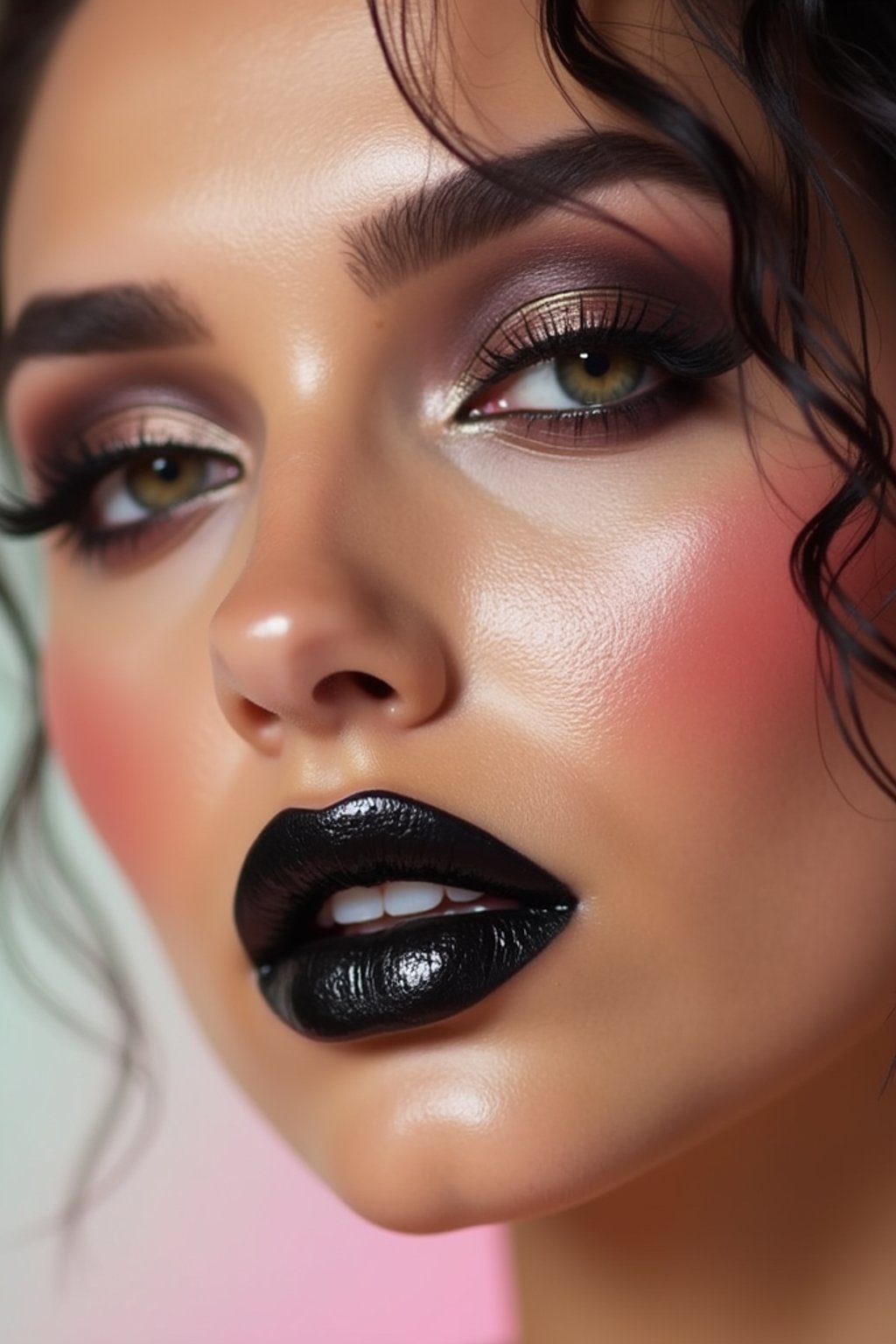 close-up of Edgy makeup look with dark, glossy lips and contoured cheeks. set against a soft, pastel background