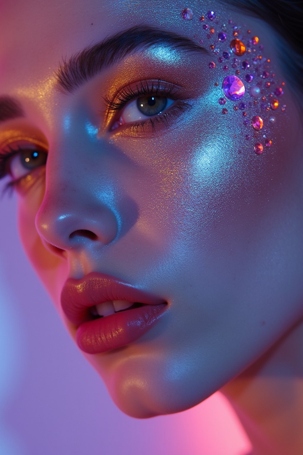 close-up of Artistic makeup with face jewels and iridescent highlighter, captured under a UV light for a glowing effect. set against a soft, pastel background