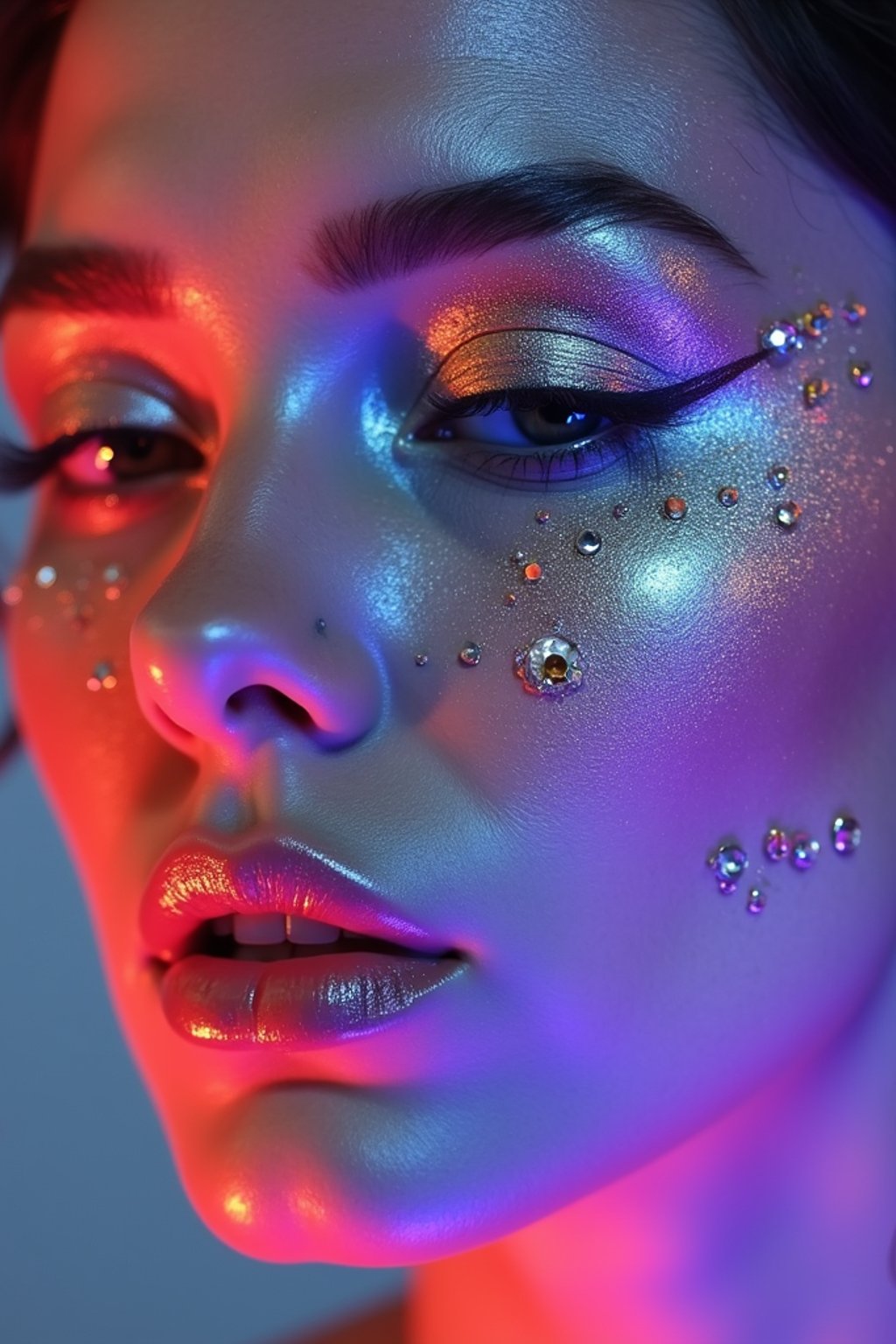 close-up of Artistic makeup with face jewels and iridescent highlighter, captured under a UV light for a glowing effect. set against a soft, pastel background