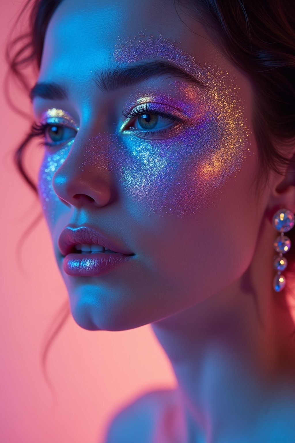 close-up of Artistic makeup with face jewels and iridescent highlighter, captured under a UV light for a glowing effect. set against a soft, pastel background