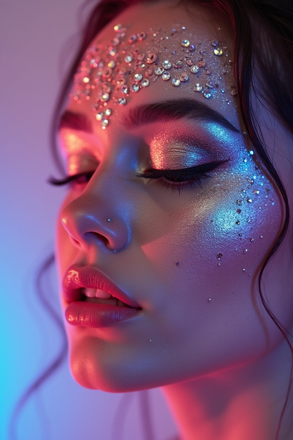 close-up of Artistic makeup with face jewels and iridescent highlighter, captured under a UV light for a glowing effect. set against a soft, pastel background