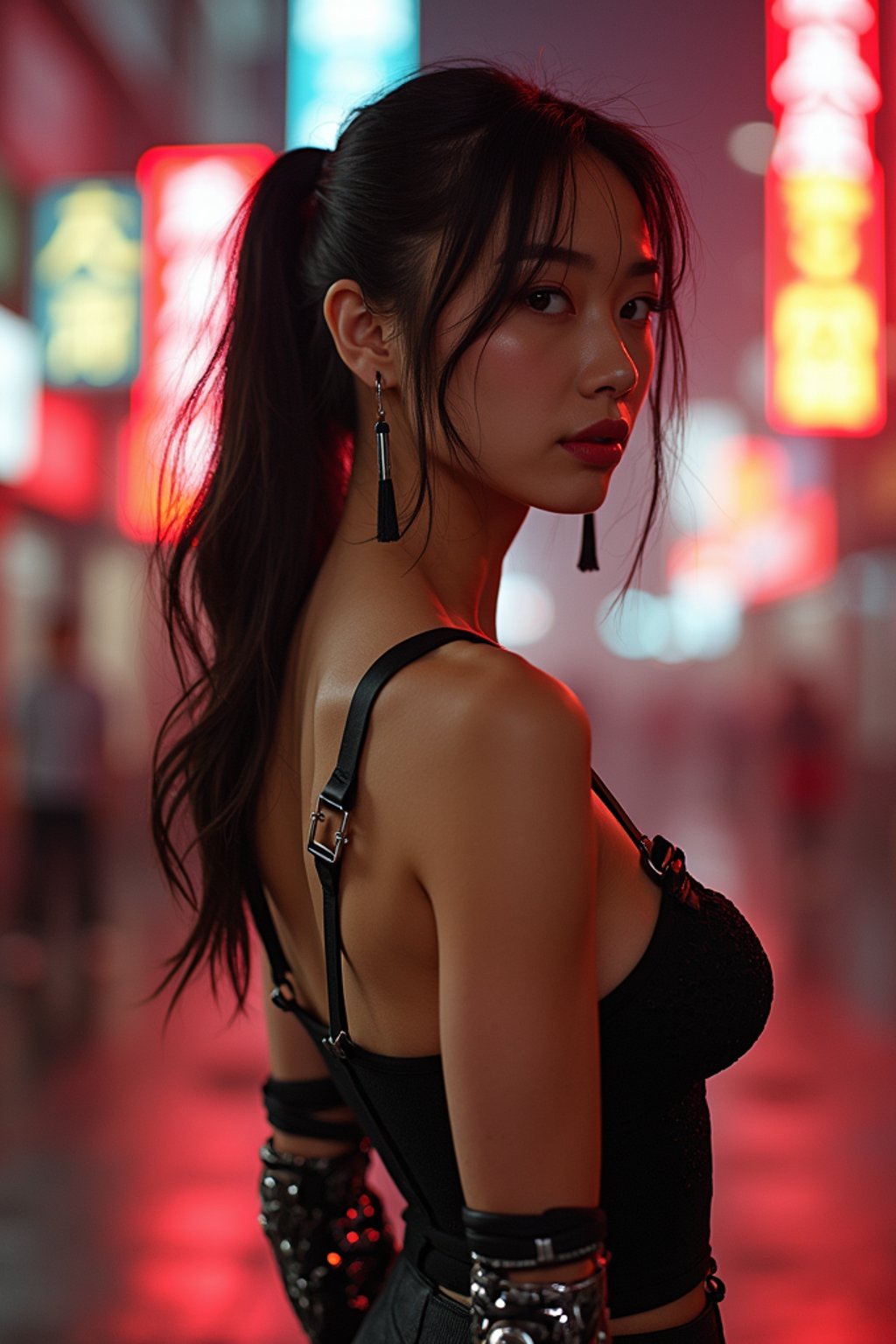 a detailed portrait of intelligent woman actress standing in street wearing stockings garter straps suspenders lingerie pvc latex lingerie, in a cyberpunk bladerunner vaporwave city, (cyberpunk), city from year 2300, red lights neon with prosthetic robot arm cybernetic